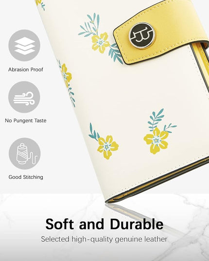BOSTANTEN Womens Wallet Genuine Leather Wallets Large Capacity Cash Cluth Purses with Zipper Floral Yellow