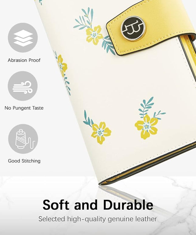 BOSTANTEN Womens Wallet Genuine Leather Wallets Large Capacity Cash Cluth Purses with Zipper Floral Yellow