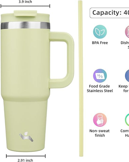 40 oz Tumbler with Handle and 2 Straws,2 in 1 Lid Insulated Water Bottle Stainless Steel Travel Coffee Mug,Macaron Green