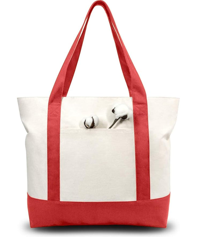 TOPDesign 3-Pack Canvas Tote Bags with an External Pocket, Reusable Grocery Shopping Bags, Top Zipper Closure, Daily Essentials (Red/Natural)