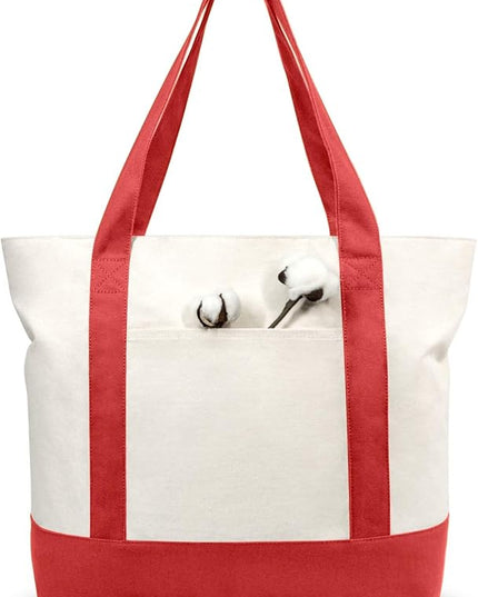 TOPDesign 6-Pack Canvas Tote Bags with an External Pocket, Reusable Grocery Shopping Bags, Top Zipper Closure, Daily Essentials (Red/Natural)