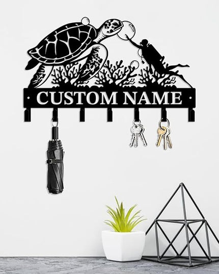 Casebrick Custom Sea Turtle Metal Wall Hooks,Key Holder-Personalized Iron Wall Decor for Keys, Coats & Home Organization (Black, Handmade,Decorative for Entryway, Beach,Bedroom,Office) (Style C)