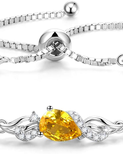 FANCIME Birthstone Teardrop Tennis Bracelet for Women, Sterling Silver 9x7mm main Gemstone Bolo Adjustable Chain Bracelet Fine Jewelry Birthday Gifts for Women Mom Wife Her