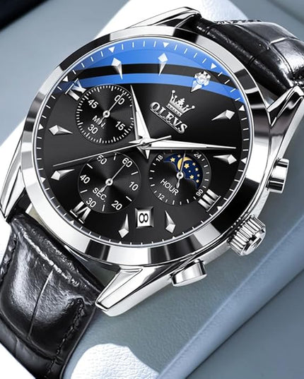 OLEVS Men's Watches Leather Strap Analog Quartz Watch, Fashion Big Dial Date Waterproof Watch, Dress Luxury Luminous Men Watches