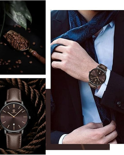 L LAVAREDO Watch for Men, Extremely Thin Mens Watches Minimalist Analog Men's Leather Wrist Watches with Time/Date, Birthday Gift for Men Boyfriend