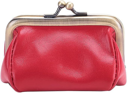Plinvo Mini Genuine Leather Coin Purse for Women Vintage Kiss Lock Change Organizer Blue (Red)