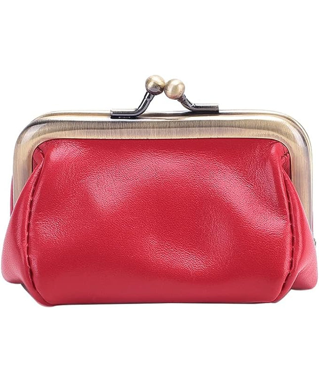 Plinvo Mini Genuine Leather Coin Purse for Women Vintage Kiss Lock Change Organizer Blue (Red)