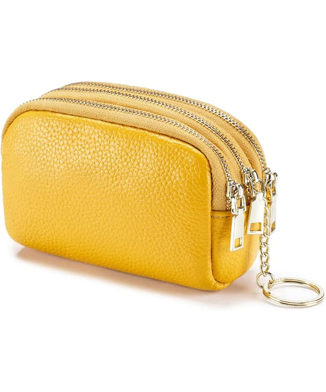 LINNO 3 Zippered Genuine Leather Coin Purse Triple Capacity Change Pouch Little Travel Wallet With Key Ring for Women