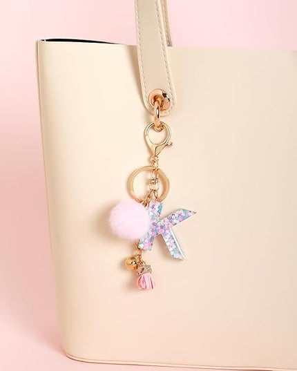 Resin Alphabet Initial Letter Keychain Keyring for Women Purse Handbags With Fur Ball Pom