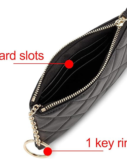 DORIS&JACKY Soft Lambskin Leather Coin Purse Small Quilted RFID Blocking Top Zipper Wallet With Key Chain