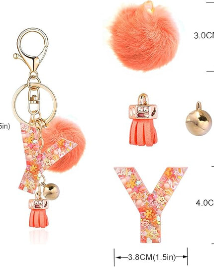 Resin Alphabet Initial Letter Keychain Keyring for Women Purse Handbags With Fur Ball Pom