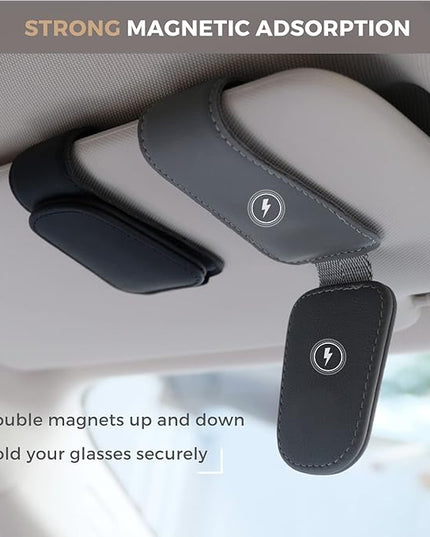 Magnetic Leather Sunglass Holder, Eyeglass Hanger Clip for Car Sun Visor, Suitable for Different Size Eyeglasses (Beige)