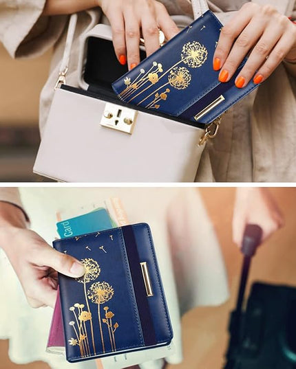Passport Holder Cover Travel RFID Blocking Passport Cover Rose Gold Cute Flowers Passport Wallet with Elastic Band for Women