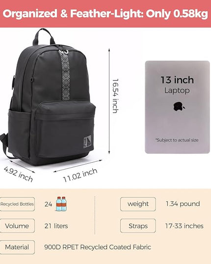 INUK Geometric Stripe Laptop Backpack, 13 Inch Water Resistant Backpack for College & Work, Recycled Travel Daypack Made from 24 Plastic Bottles, with Hidden Pocket & Luggage Strap, Black