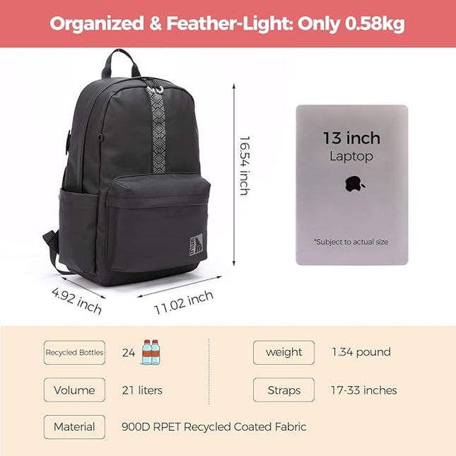 INUK Geometric Stripe Laptop Backpack, 13 Inch Water Resistant Backpack for College & Work, Recycled Travel Daypack Made from 24 Plastic Bottles, with Hidden Pocket & Luggage Strap, Black