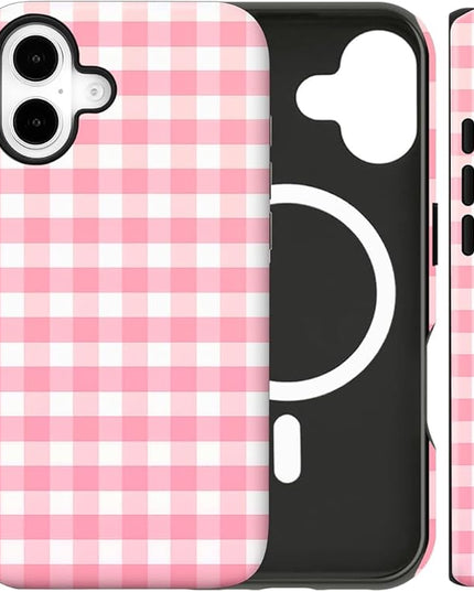 Magnetic for iPhone 17 Case Cute Checkered Stripes Phone Case for Women Girls, Shockproof Slim TPU and Hard PC Protective Phone Cover Compatible with MagSafe Designed, Red