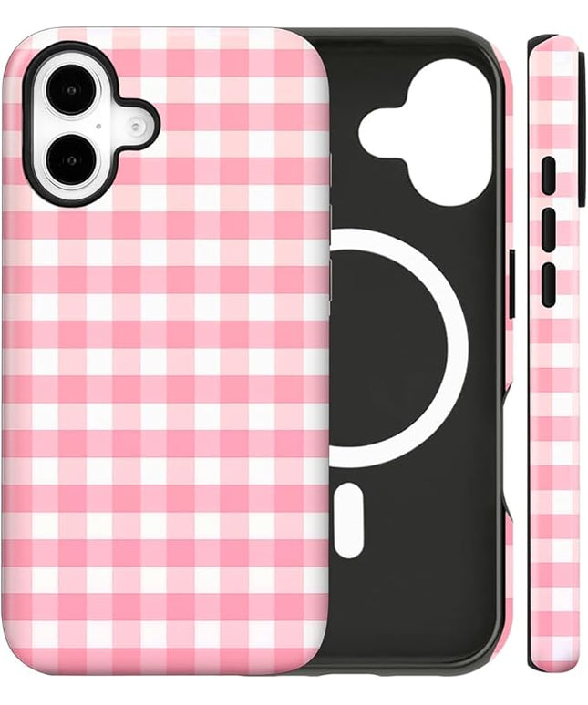 Magnetic for iPhone 17 Case Cute Checkered Stripes Phone Case for Women Girls, Shockproof Slim TPU and Hard PC Protective Phone Cover Compatible with MagSafe Designed, Red