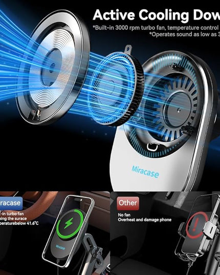 Miracase for Magsafe Car Mount Charger, 15W Fast Charging Cup Holder Phone Holder Wireless Magnetic Charger with Heat Dissipation System Only Fit iPhone 16/15/14/13/12 Series