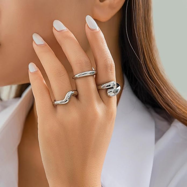 GiftInBox Gold Chunky Rings Set for Women Open Stacking Knuckle Ring Adjustable Round Dome Rings Set Minimalist Irregular Statement Women Ring Jewelry Gift