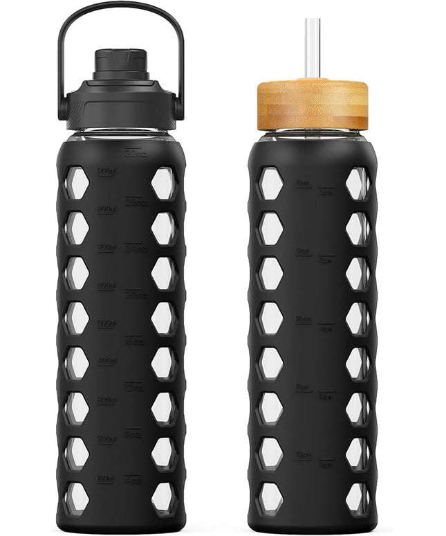 MUKOKO 32oz Glass Water Bottles with 2 Lids-Handle Spout Lid&Bamboo Straw Lid, Motivational Water Tumbler with Time Marker Reminder and Silicone Sleeve, Leakproof-Black-1 Pack