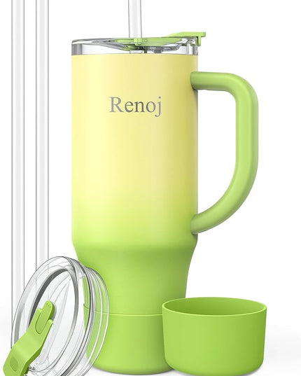 Renoj Tumbler with Handle 100% Leak Proof Insulated Water Bottle for Iced Coffee & Hot Drinks - Fits Car Cup Holder, Ideal Gift, 2 Straws & Silicone Boot BPA-Free - SnapShift Green Gradient 40 oz