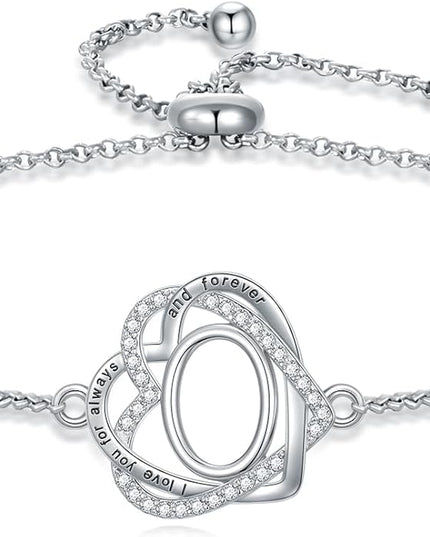 TOUPOP Gifts for Women Heart Initial Bracelet 925 Sterling Silver Double Heart Bracelet Birthday Jewelry Birthday Christmas Gifts for Her Wife Girlfriend