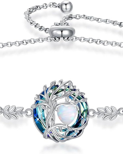 TOUPOP Tree of Life Birthstone Bracelet 925 Sterling Silver Family Tree Austrian Crystal Jewelry Anniversary Birthday Christmas Gifts for Women Wife Girlfriend Her