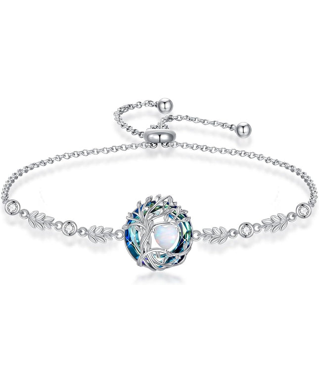 TOUPOP Tree of Life Birthstone Bracelet 925 Sterling Silver Family Tree Austrian Crystal Jewelry Anniversary Birthday Christmas Gifts for Women Wife Girlfriend Her