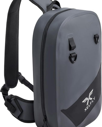 Xelfly Waterproof Fishing Sling Backpack Bag with Rod Holder, Gear Loops - Submersible Zipper, Rugged Top Handle, Adjustable Attachments (Gray)