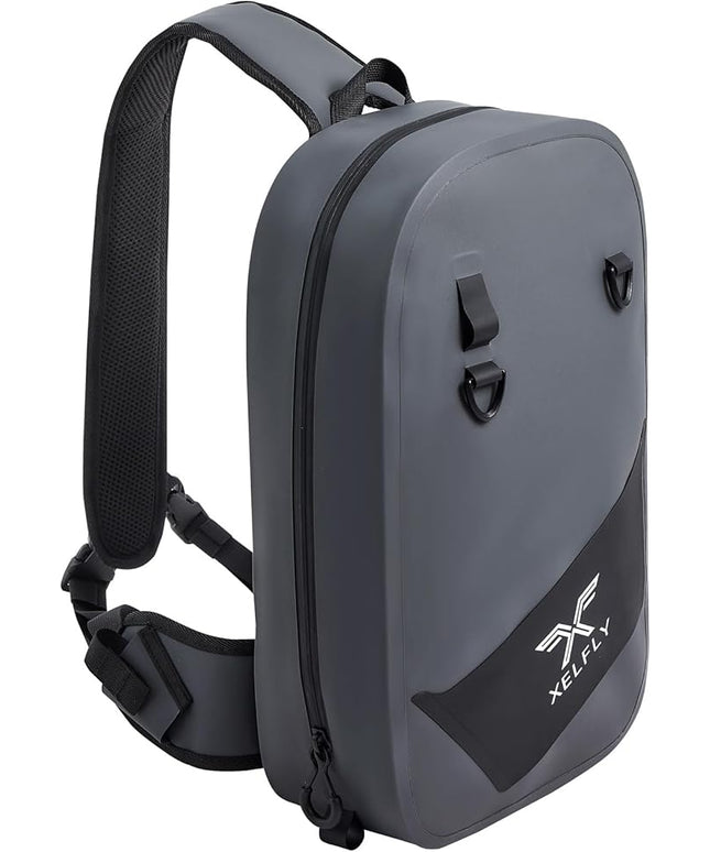 Xelfly Waterproof Fishing Sling Backpack Bag with Rod Holder, Gear Loops - Submersible Zipper, Rugged Top Handle, Adjustable Attachments (Gray)