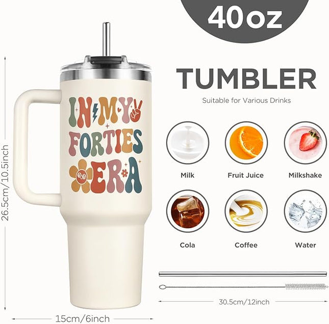 Shqiueos 40th Birthday Gifts for Women 40oz Tumbler with Handle and Straw Lid, 40 Year Old Gifts for Her, Mom, Friend, Sister, Daughter, 40s Birthday Decoration-In My Forties Era Cup Water Bottle