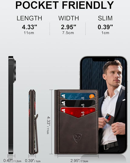 ZALVEX Wallet for Men Slim Leather Wallets for 12-15 Cards, Minimalist Thin RFID Blocking Card Holder with Money Clip & ID Window, Small Bifold Front Pocket Wallet, Gifts for Men