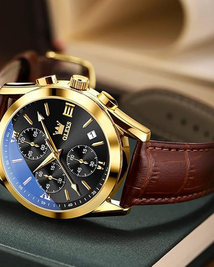 OLEVS Leather Chronograph Watch Men - Leather Strap (Brown/Black), Work Luminous Waterproof Analog Quartz Dress Wrist Watch with Blue/Black/Brown/White Dial