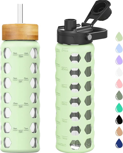 MUKOKO Glass Water Bottles,24oz Glass Tumbler with Straw,Drinking Bottles with 2 Lids-Handle Spout Lid&Bamboo Straw Lid,Motivational Water Bottle with Time Marker and Silicone Sleeve,1 Pack-Mustard