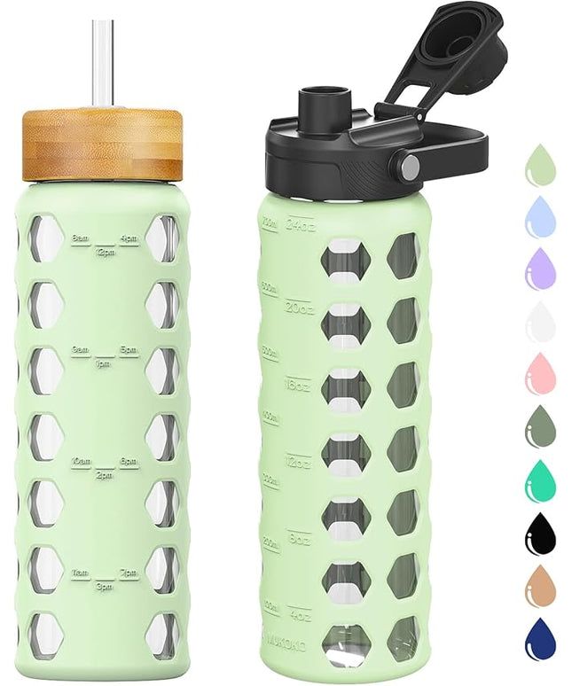 MUKOKO Glass Water Bottles,24oz Glass Tumbler with Straw,Drinking Bottles with 2 Lids-Handle Spout Lid&Bamboo Straw Lid,Motivational Water Bottle with Time Marker and Silicone Sleeve,1 Pack-Mustard