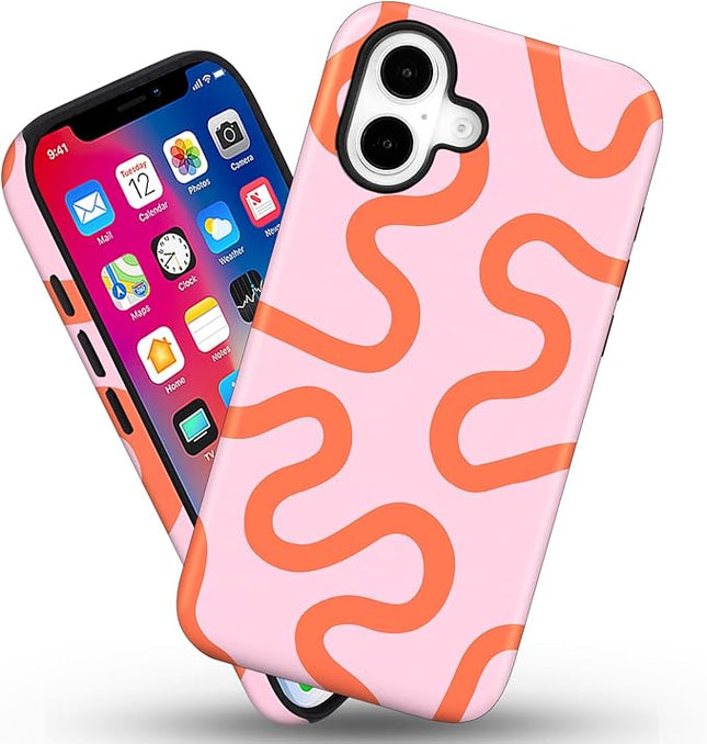 Magnetic for iPhone 17 Case Cute Curved Stripes Phone Case, Shockproof Slim TPU and Hard PC Protective Phone Cover Compatible with MagSafe Designed for Women Girls,Pink