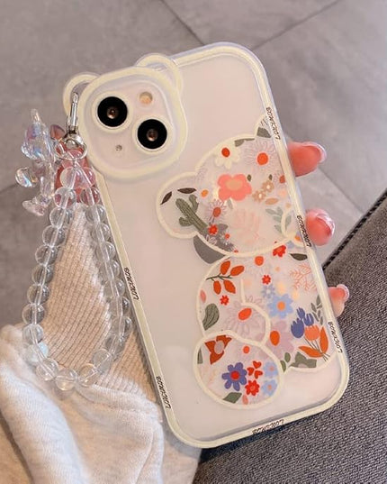 for iPhone 13 pro Case Clear Cute Flower Bear with Pearl Chain for Girls with Bear Ears Soft TPU Shockproof Protective Girly -Flower Bear