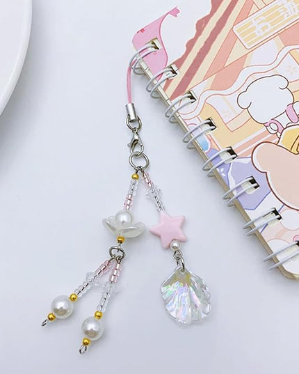 Beaded Phone Strap Charm Shell Pendant Keychain for Women, Holographic Shell Beads Cellphone Chain Lanyard Accessory for Bags and Keys, Fresh Summer Design Phone Charm Decor