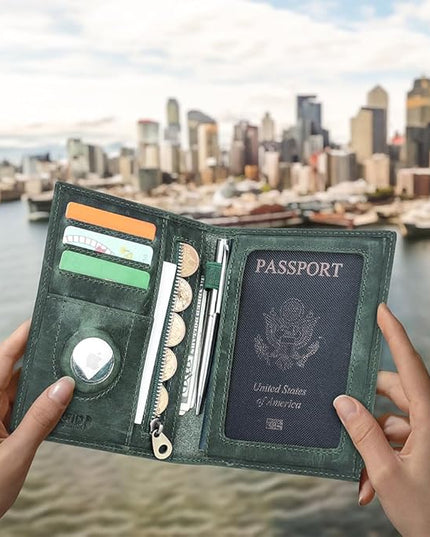 CONTACTS Full Grain Leather Passport Holder RFID Blocking Travel Passport Wallet Compatible Airtag Passport Cover Case with 4 Card Slots, Coin Pocket (Badge, Green)