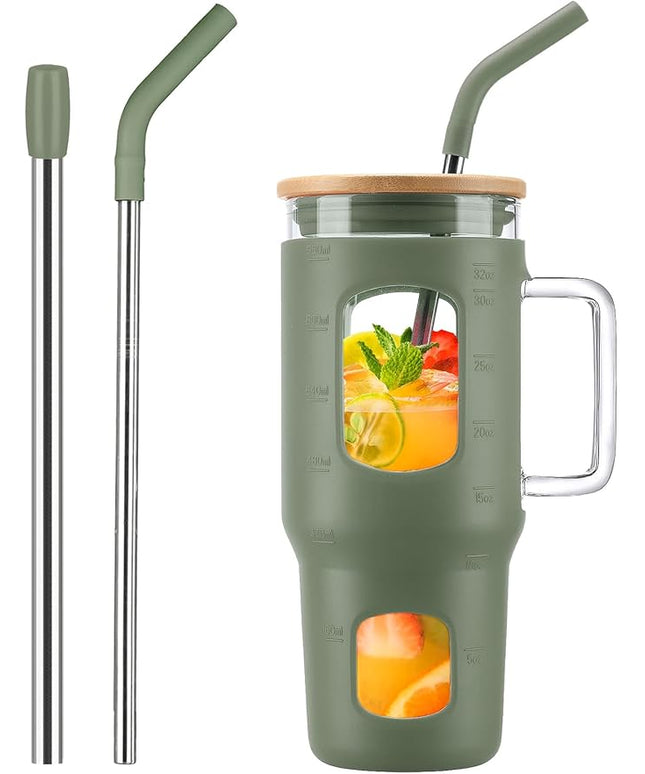 Glass Tumbler with Lid, 32 oz Glass Cup with Handle, Glass Water Bottles with Time Marker, 2 Straws - Pearl Straw & Silicone Protective Sleeve - Olive