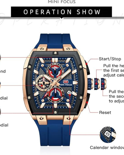 MF MINI FOCUS Men's Watch Analog Fashion Wrist Watch, Skeleton Tonneau Watch for Men with Chronograph,Ideal for Sports Enthusiasts and Daily Wear