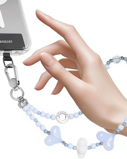 MAGEASY Beaded Phone Charm for Women - Cell Phone Wrist Strap with Teather Tab, Designed for iPhone & Android Phones, Keychain, Camera - Heart Fluff