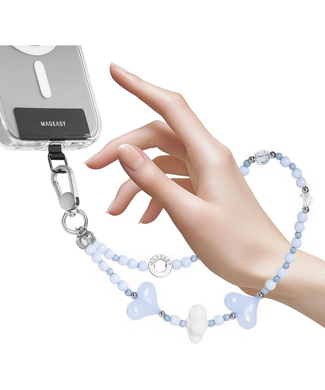 MAGEASY Beaded Phone Charm for Women - Cell Phone Wrist Strap with Teather Tab, Designed for iPhone & Android Phones, Keychain, Camera - Heart Fluff