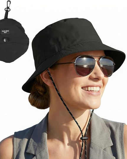 Yolev Waterproof Bucket Hat for Women Men Quick Dry Packable Sun Hat with Detachable Chin Strap Black Bucket Hat for Men Women UV Protection