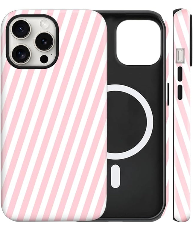 Magnetic for iPhone 15 Case Cute Diagonal Stripes Phone Case, Shockproof Slim TPU and Hard PC Protective Phone Cover Compatible with MagSafe Designed for Women Girls,Pink