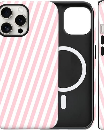 Magnetic for iPhone 14 Pro Case Cute Diagonal Stripes Phone Case, Shockproof Slim TPU and Hard PC Protective Phone Cover Compatible with MagSafe Designed for Women Girls,Pink