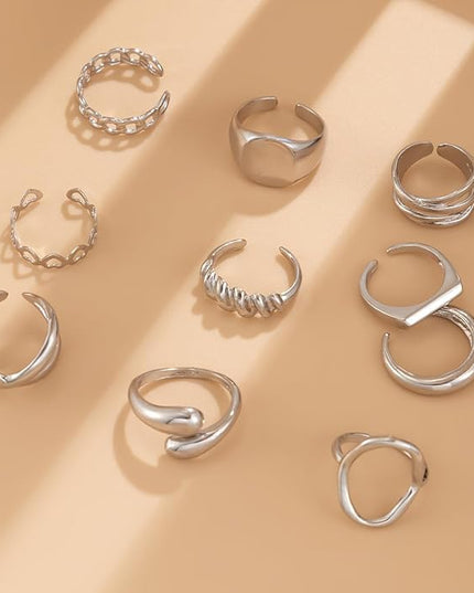 GiftInBox Gold Chunky Rings Set for Women Open Stacking Knuckle Ring Adjustable Round Dome Rings Set Minimalist Irregular Statement Women Ring Jewelry Gift