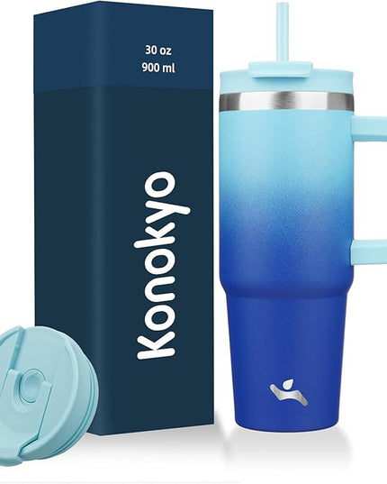 30 oz Tumbler with Handle and 2 Straws,2 in 1 Lid Insulated Water Bottle Stainless Steel Travel Coffee Mug,Sky