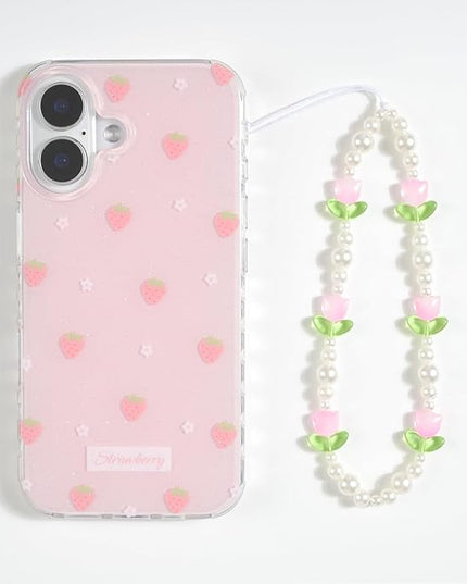 Beaded Phone Charms Cute Aesthetic Tulip Lanyard Strap Girl Wrist Chain, Phone Keychain Decoration for Wallet AirPods-Pink