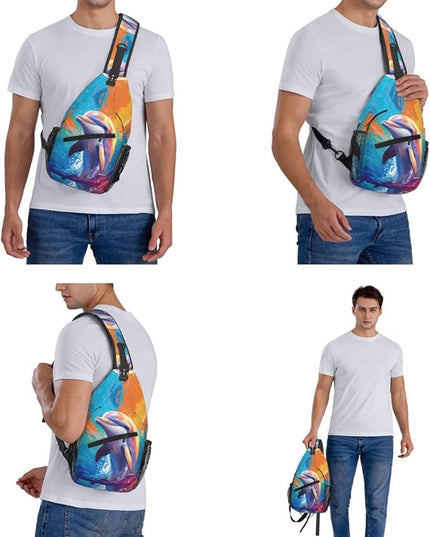 Animal Face Sling Bag Crossbody Bags Chest Bag Backpack for Travel Running and Hiking for Men Women Colorful Dolphin